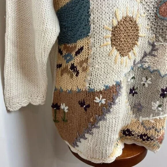 90s Brand New Next Issue Womens Medium Ramie Blend Granny Square Sweater Cottage - Picture 3 of 15